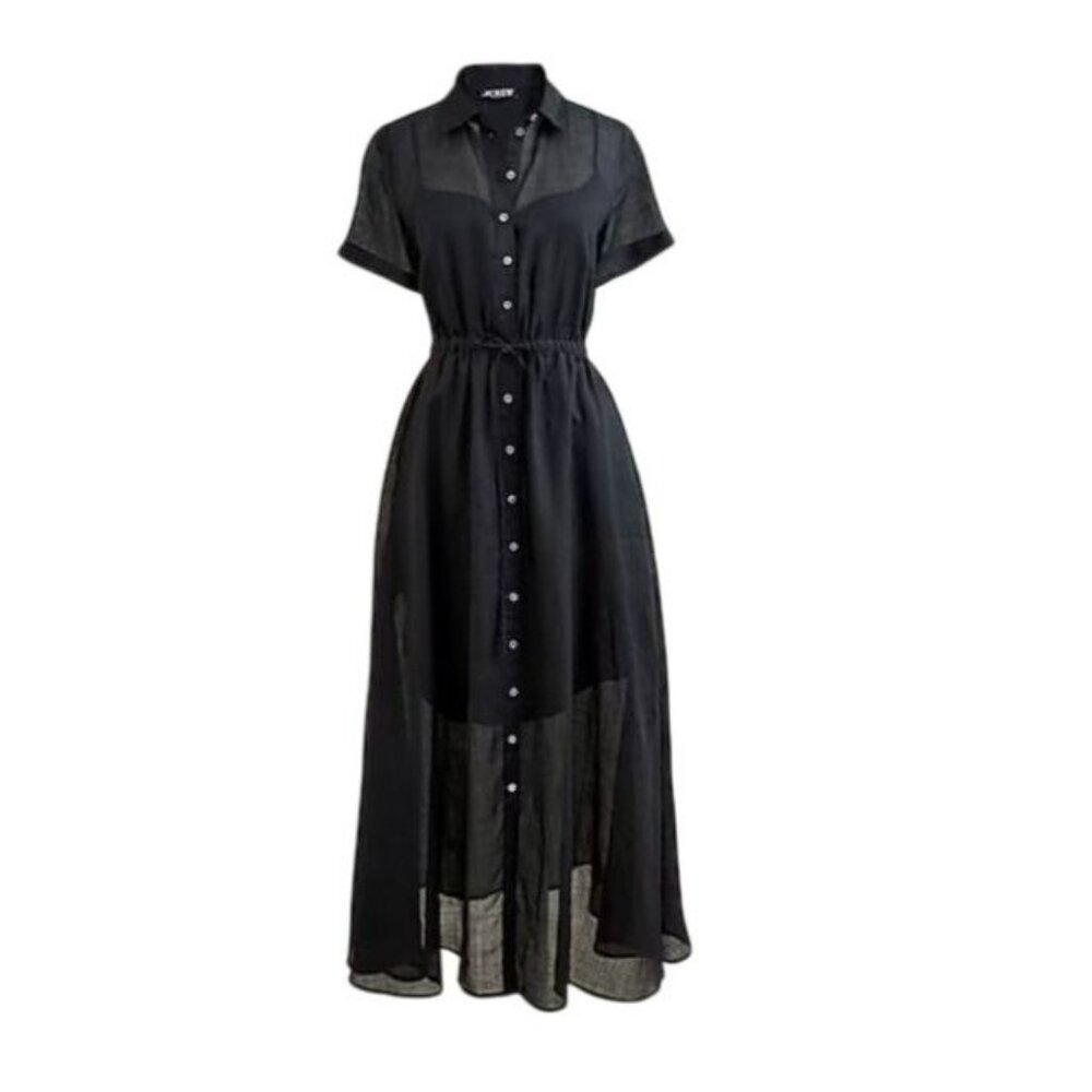 NWT J.Crew Women's Sz 6 Black Cerise Shirt-Dress Ramie A-Line Midi Lined CK661 - Picture 2 of 11